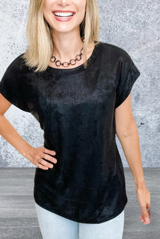 Women Round Neck Black Metallic Cap Sleeve Top