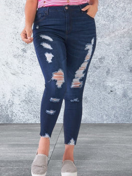Plus Size Ripped Skinny Fit Dark Blue Denim Jeans