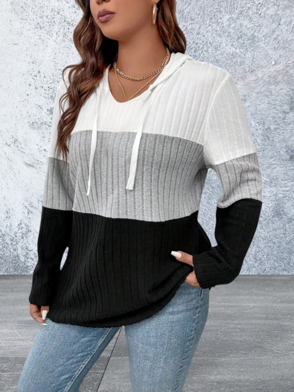 Plus Size Drawstring Long Sleeve Hooded Top