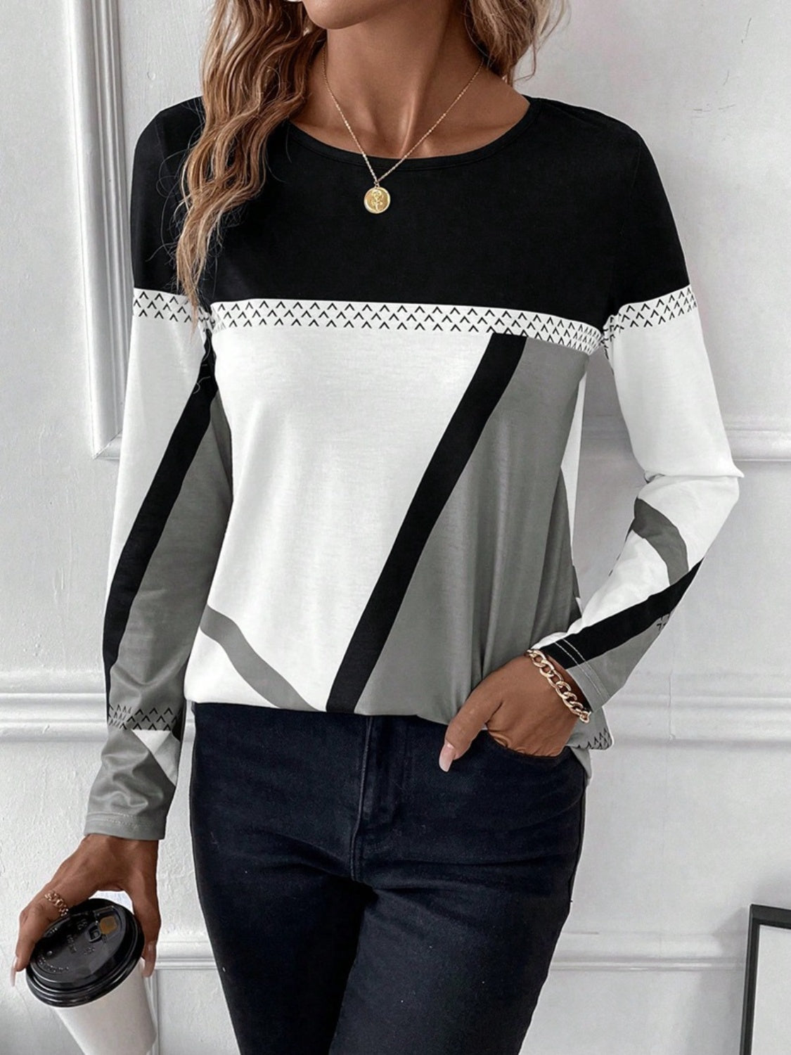 Contrast Round Neck Long Sleeve Top