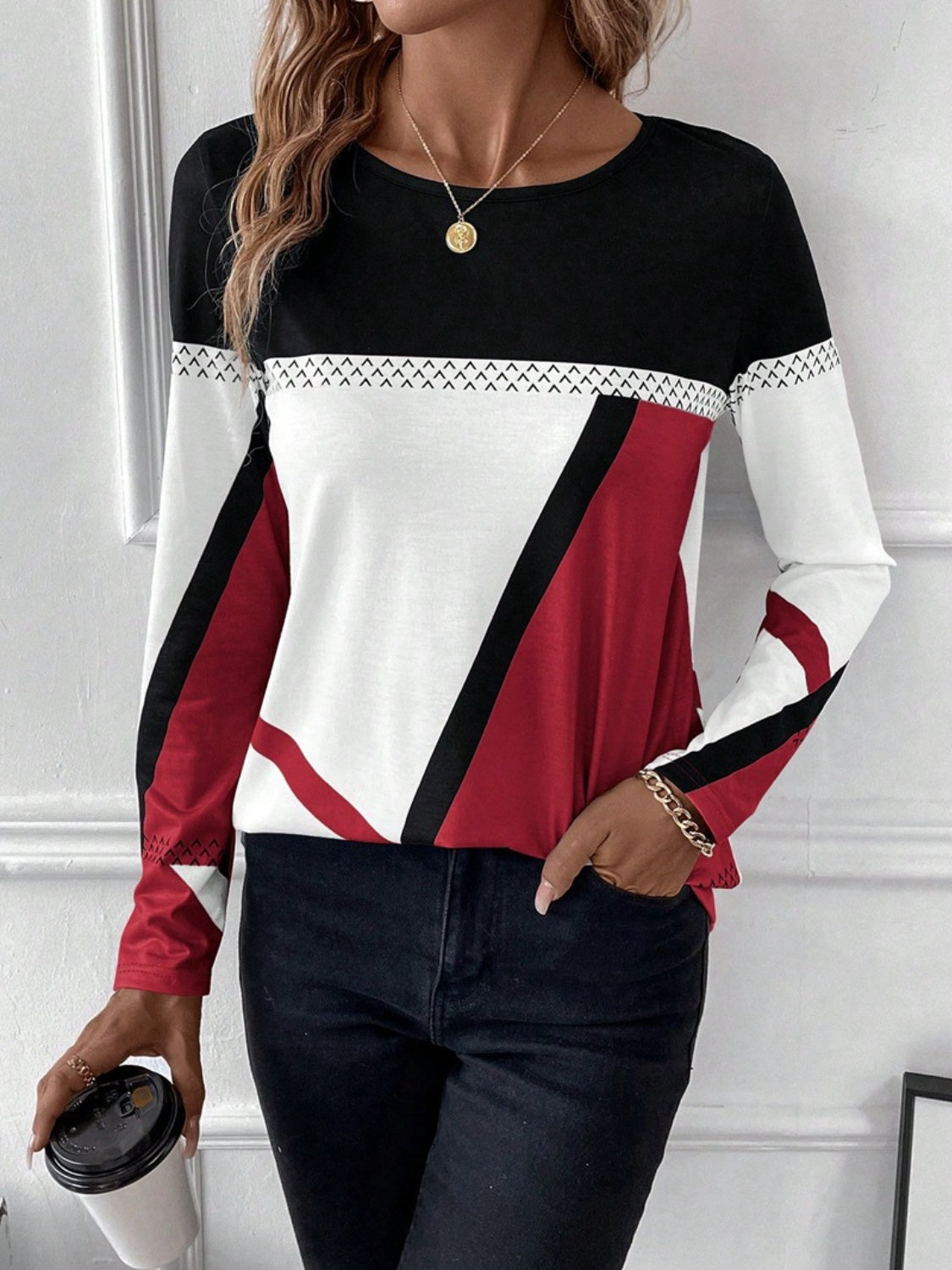 Contrast Round Neck Long Sleeve Top
