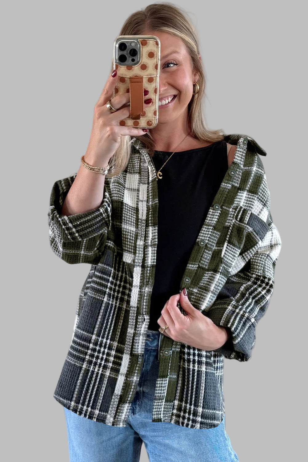 Black Plaid Print Textured Knit Buttoned Shacket