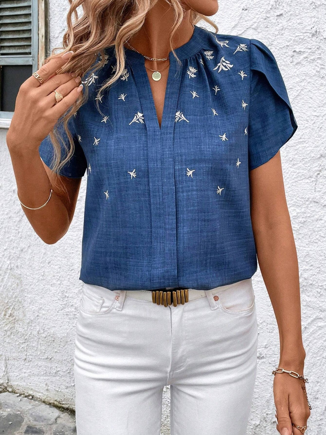 Floral Notched Short Sleeve Blouse