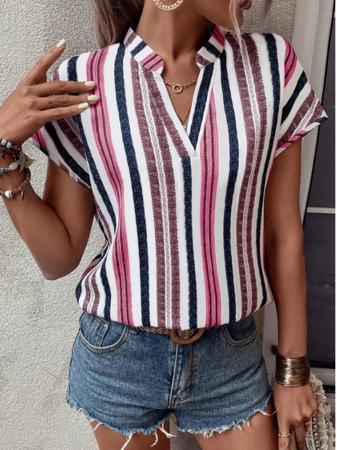 Short Sleeve Striped Notched Top