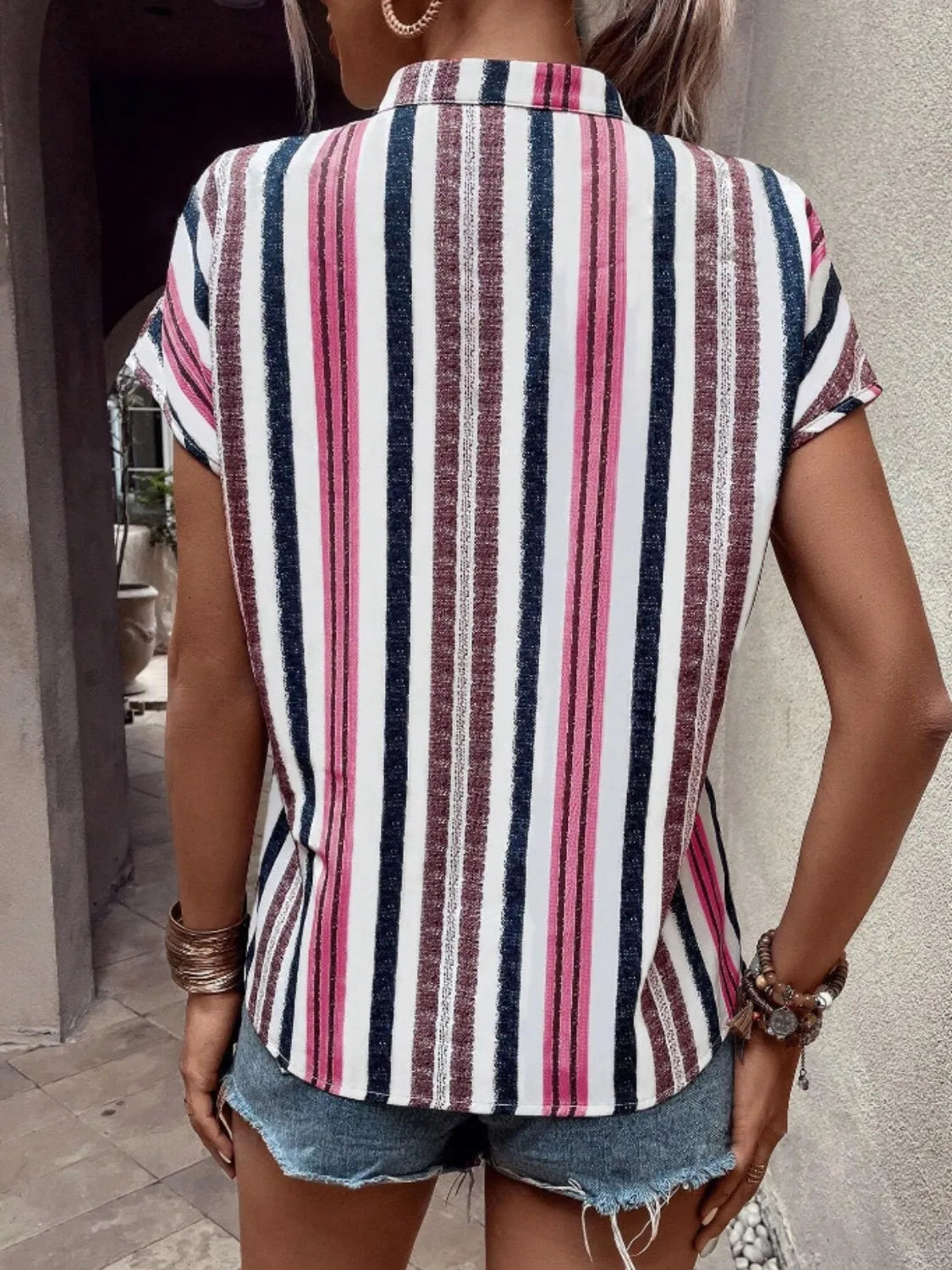 Short Sleeve Striped Notched Top