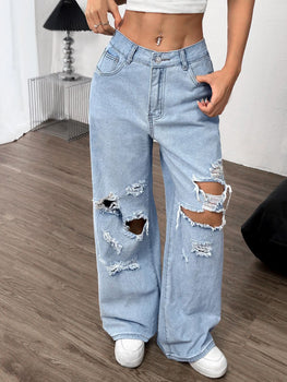 Distressed Wide Leg Ripped Jeans with Pockets
