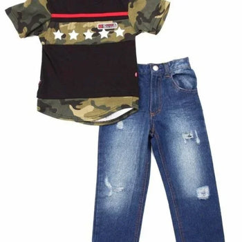 Boy's Short Sleeves Top With Jeans 2 Piece Set