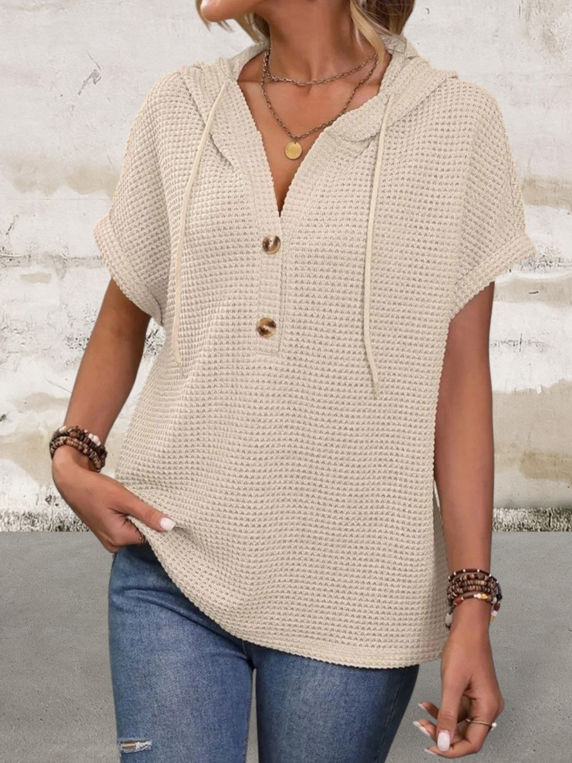 Short Sleeve Waffle Knit Hooded Top