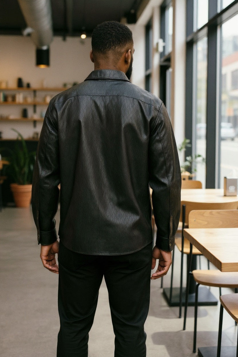 Long Sleeve Faux Leather Snap Button Front Shirt