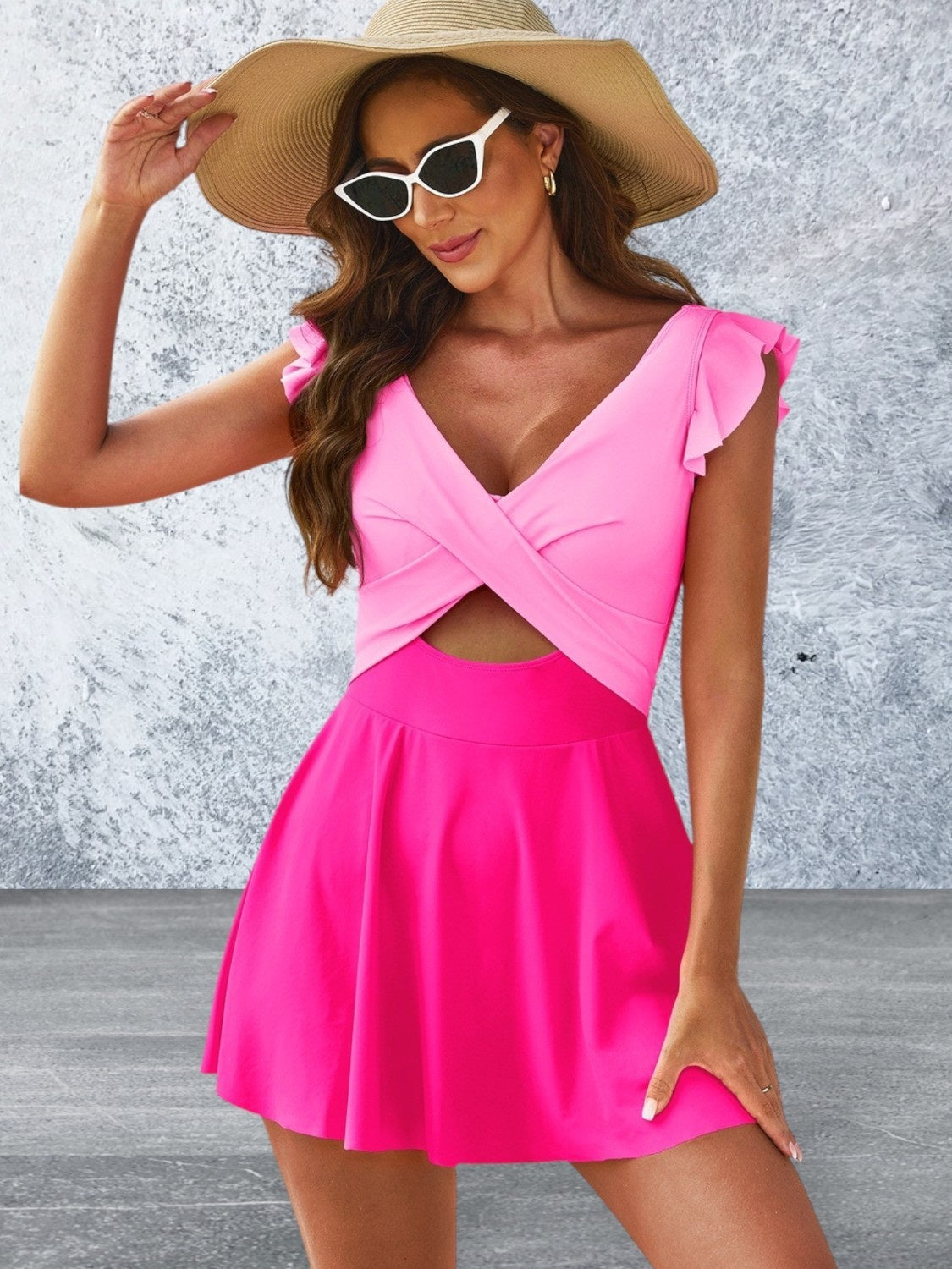 Cutout V-Neck Cap Sleeve One-Piece Swimwear
