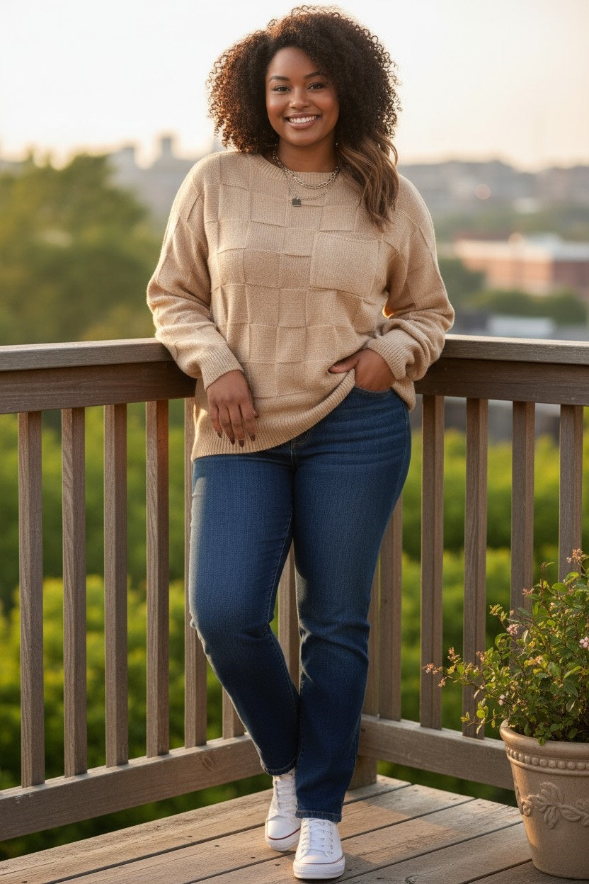 Plus Size Plaid Round Neck Sweater