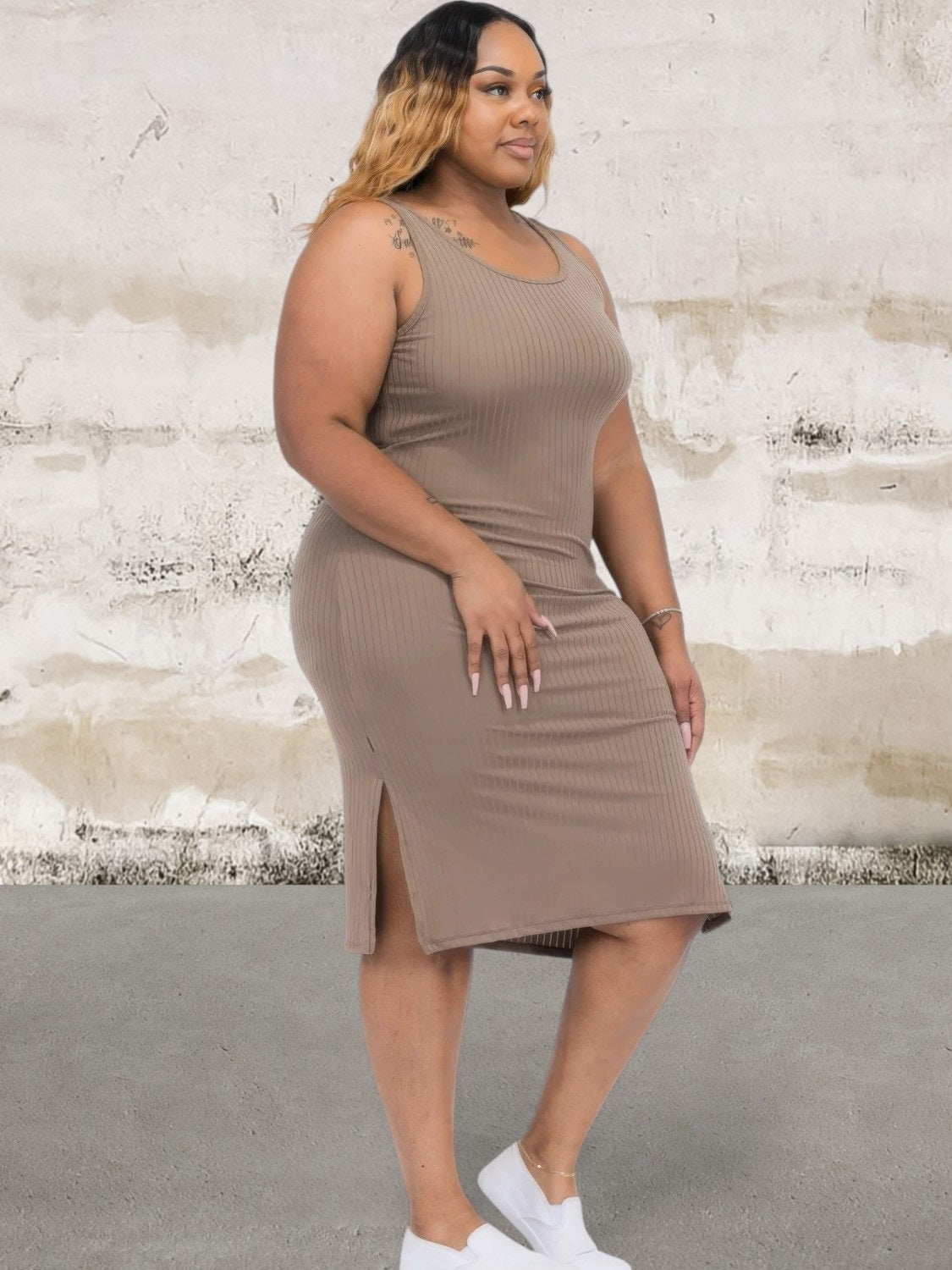 Plus Size Ribbed Side Slit Sleeveless Dress