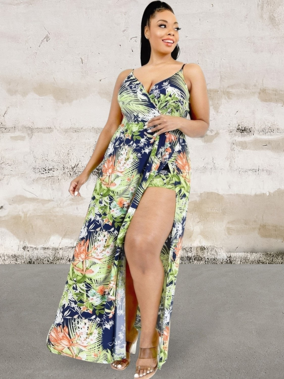 Plus Size Sleeveless Leaf Print Surplice Maxi Dress