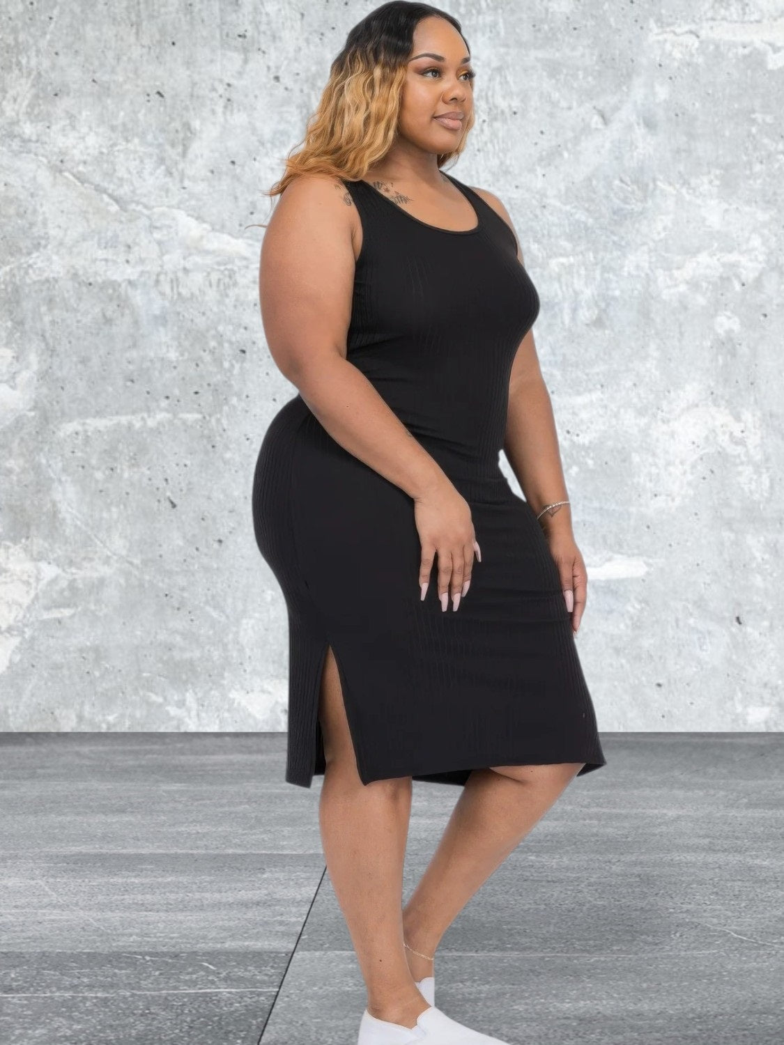Plus Size Ribbed Side Slit Sleeveless Dress