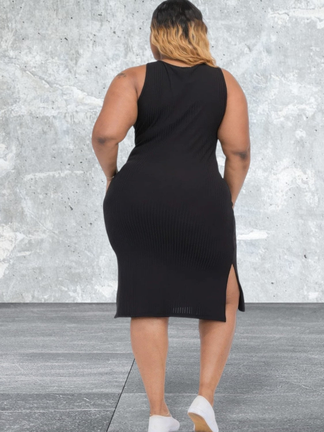 Plus Size Ribbed Side Slit Sleeveless Dress