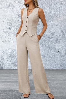 Women's V-Neck Button Down Vest and Wide Leg Pants Set