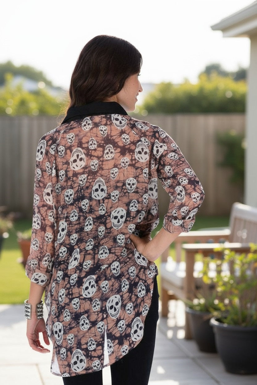 Long Sleeve Lightweight High-Low Skull Pattern Blouse