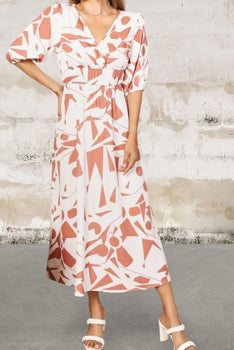 Printed Surplice Balloon Sleeve Dress