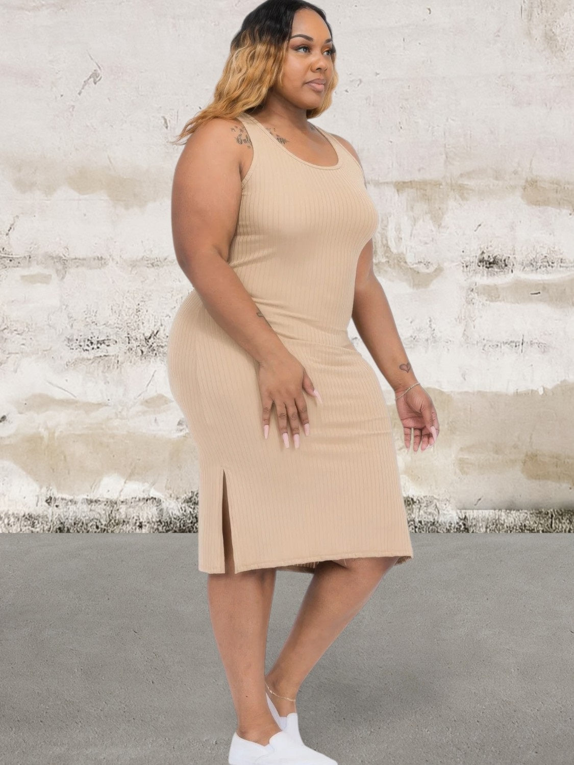 Plus Size Ribbed Side Slit Sleeveless Dress
