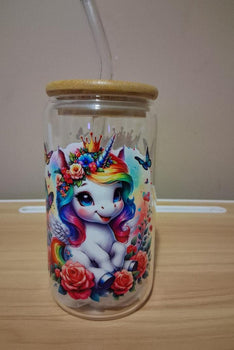 Glass tumbler with a unicorn design bamboo lid and straw
