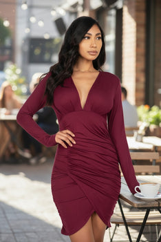 Long sleeve ruched wrap bodycon dress
