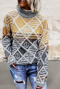 High Neck Geometric Colorblock Sweater