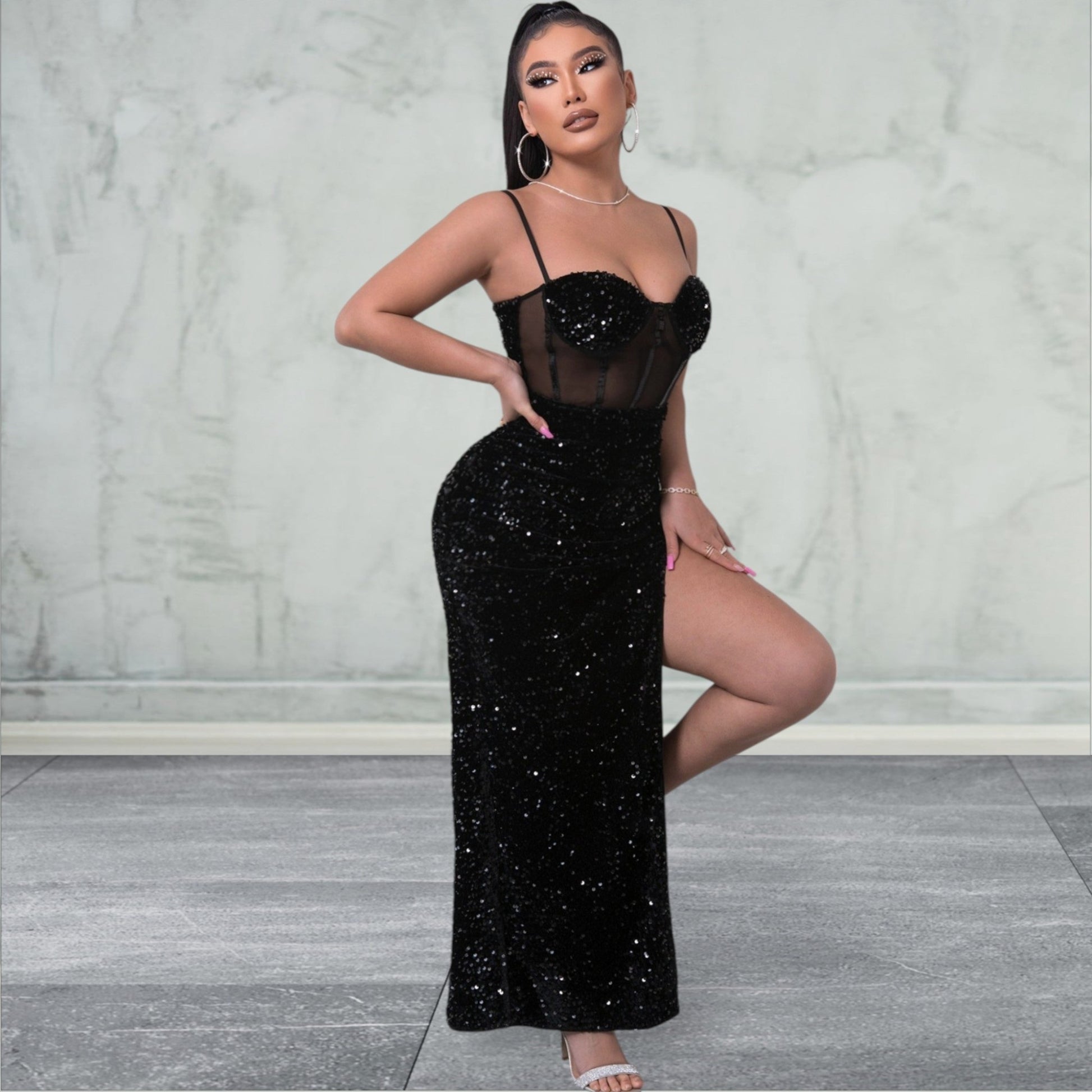 Sequin Spliced Mesh Adjustable Strap Maxi Dress