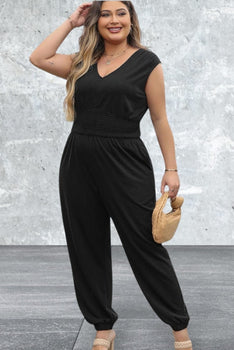Plus Size Smocked High Waist Sleeveless V Neck Jumpsuit