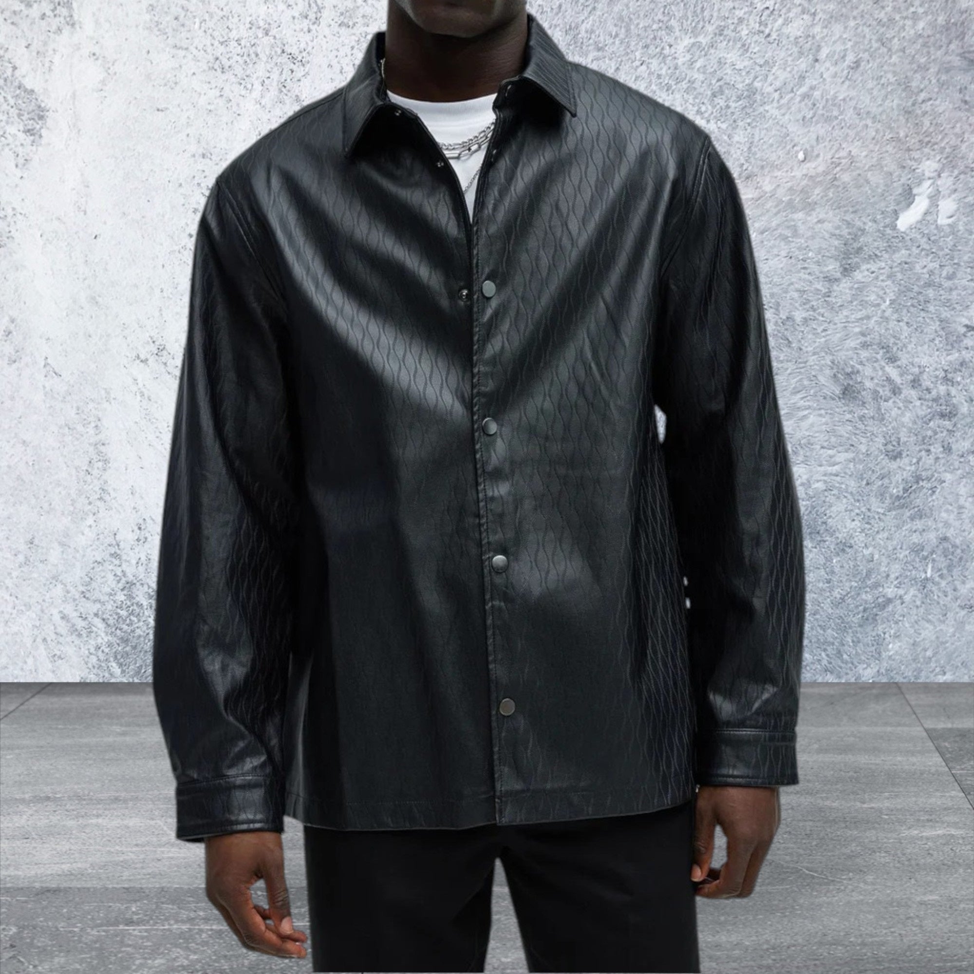 Long Sleeve Faux Leather Snap Button Front Shirt