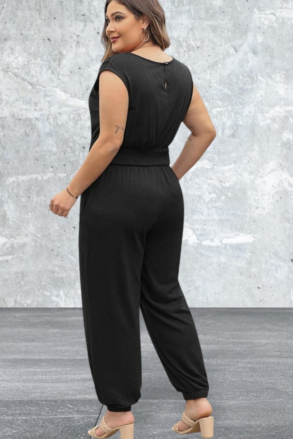 Plus Size Smocked High Waist Sleeveless V Neck Jumpsuit