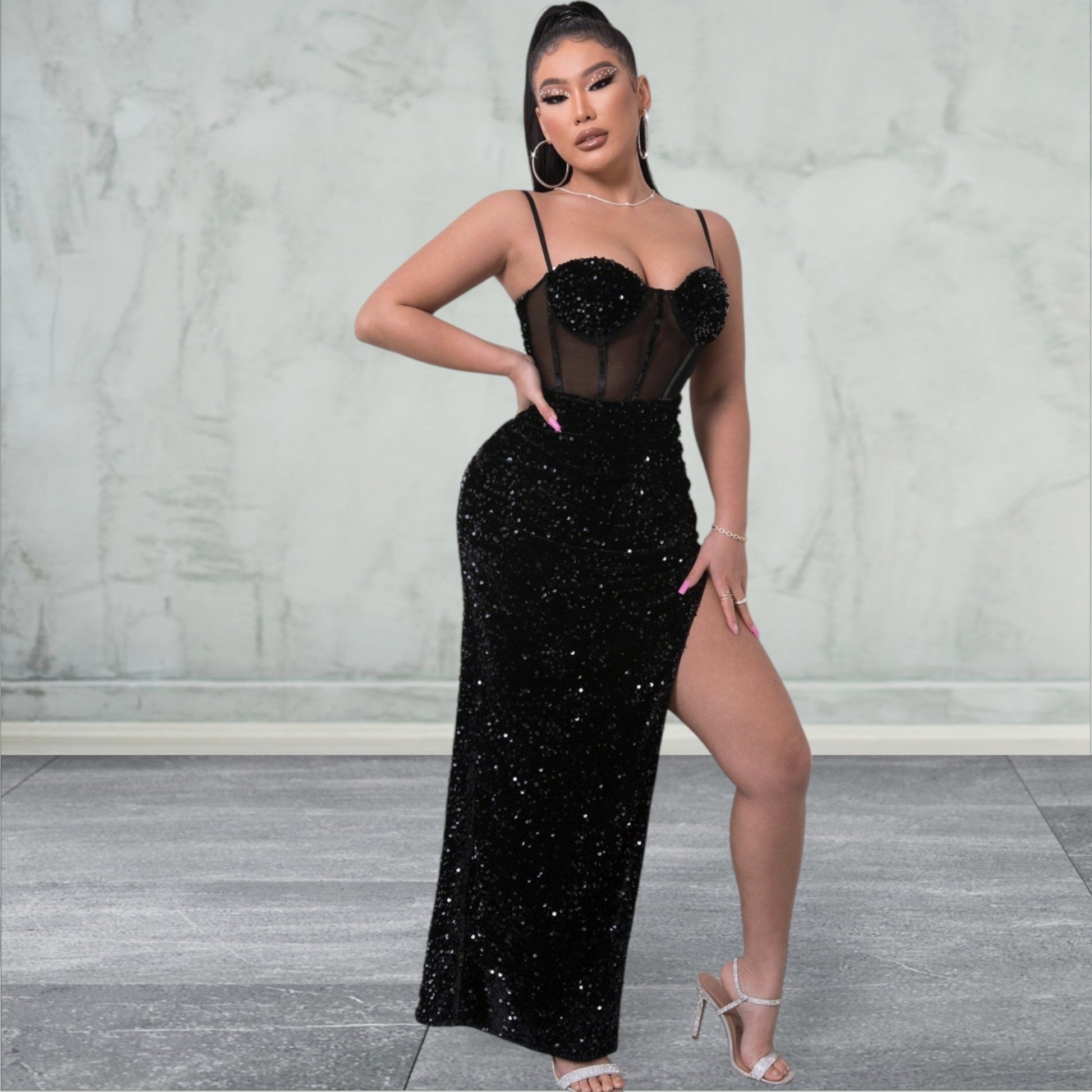 Sequin Spliced Mesh Adjustable Strap Maxi Dress