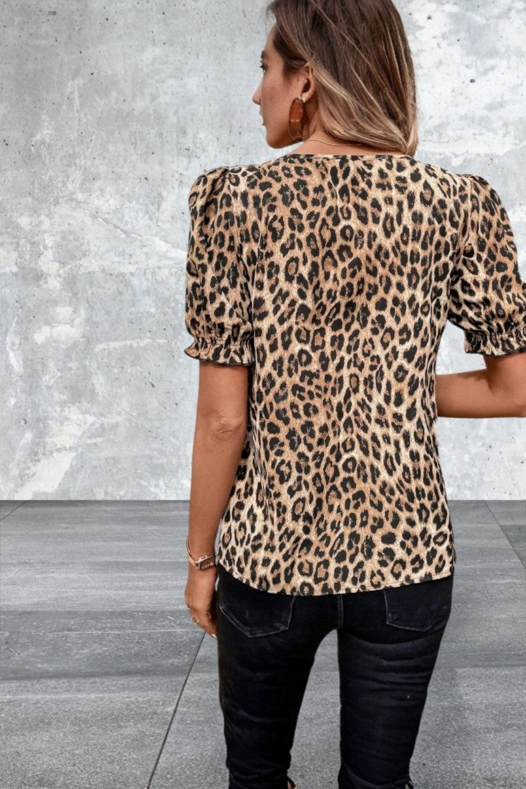 Short Sleeve Ruffled Neck Animal Print Top