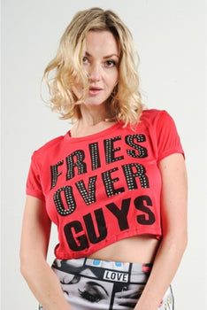Juniors Fries Over Guys Graphic Studs Detail Crop Top