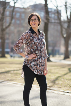 Long Sleeve Lightweight High-Low Skull Pattern Blouse