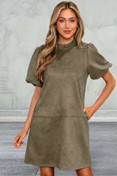 Round Neck Short Puff Sleeve Mini Dress