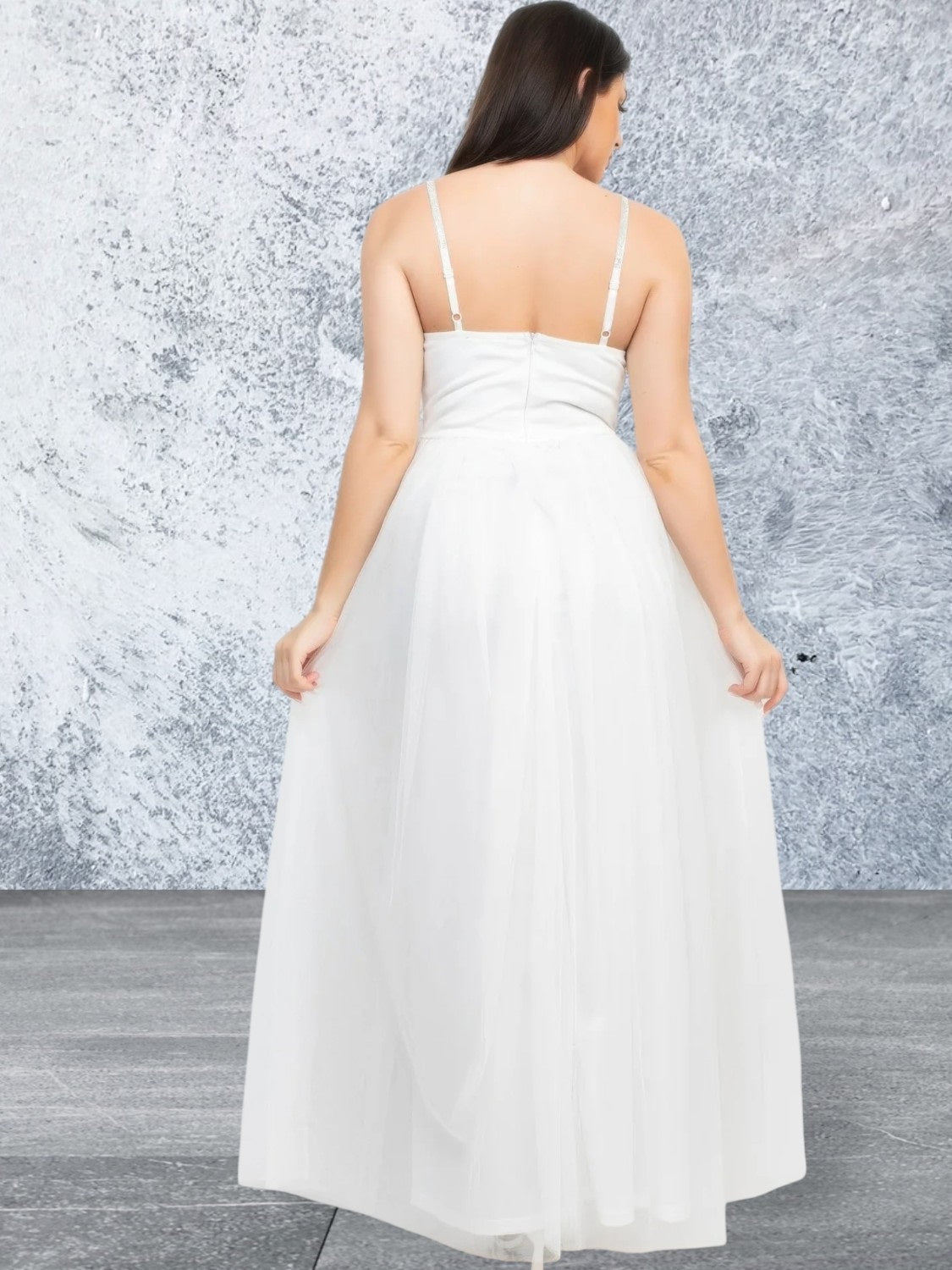 White Glitter Straps Mesh Tulle Maxi Dress