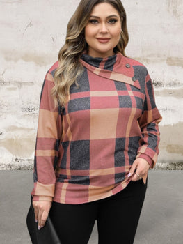 Plus Size Long Sleeve Plaid Print Button Top
