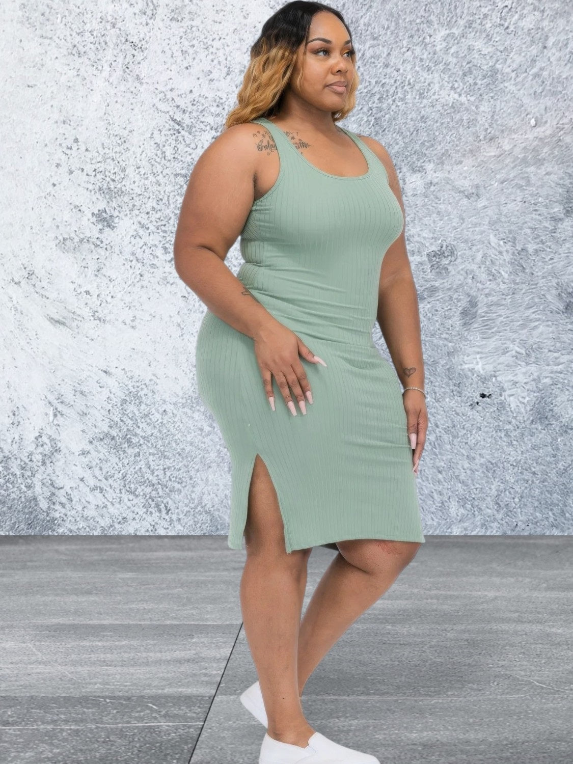 Plus Size Ribbed Side Slit Sleeveless Dress