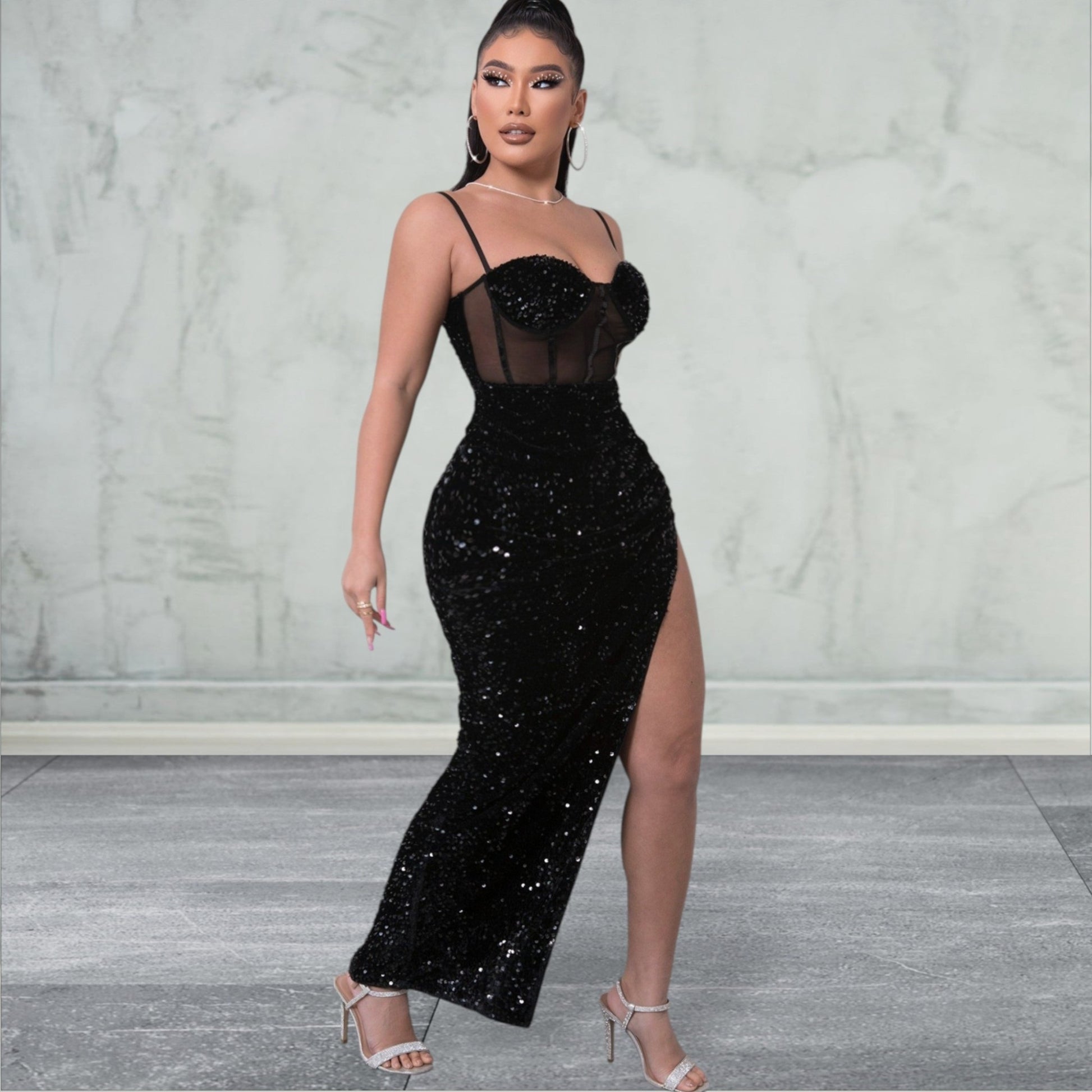 Sequin Spliced Mesh Adjustable Strap Maxi Dress