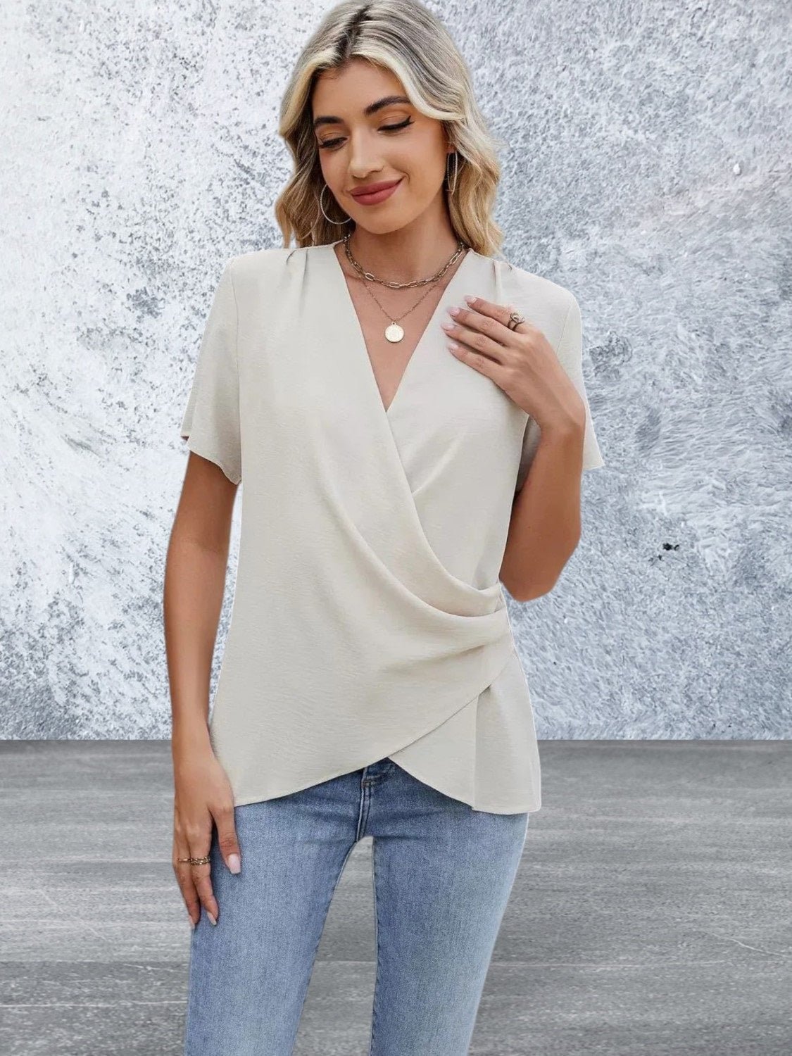 Short Sleeve Solid Color Surplice Blouse