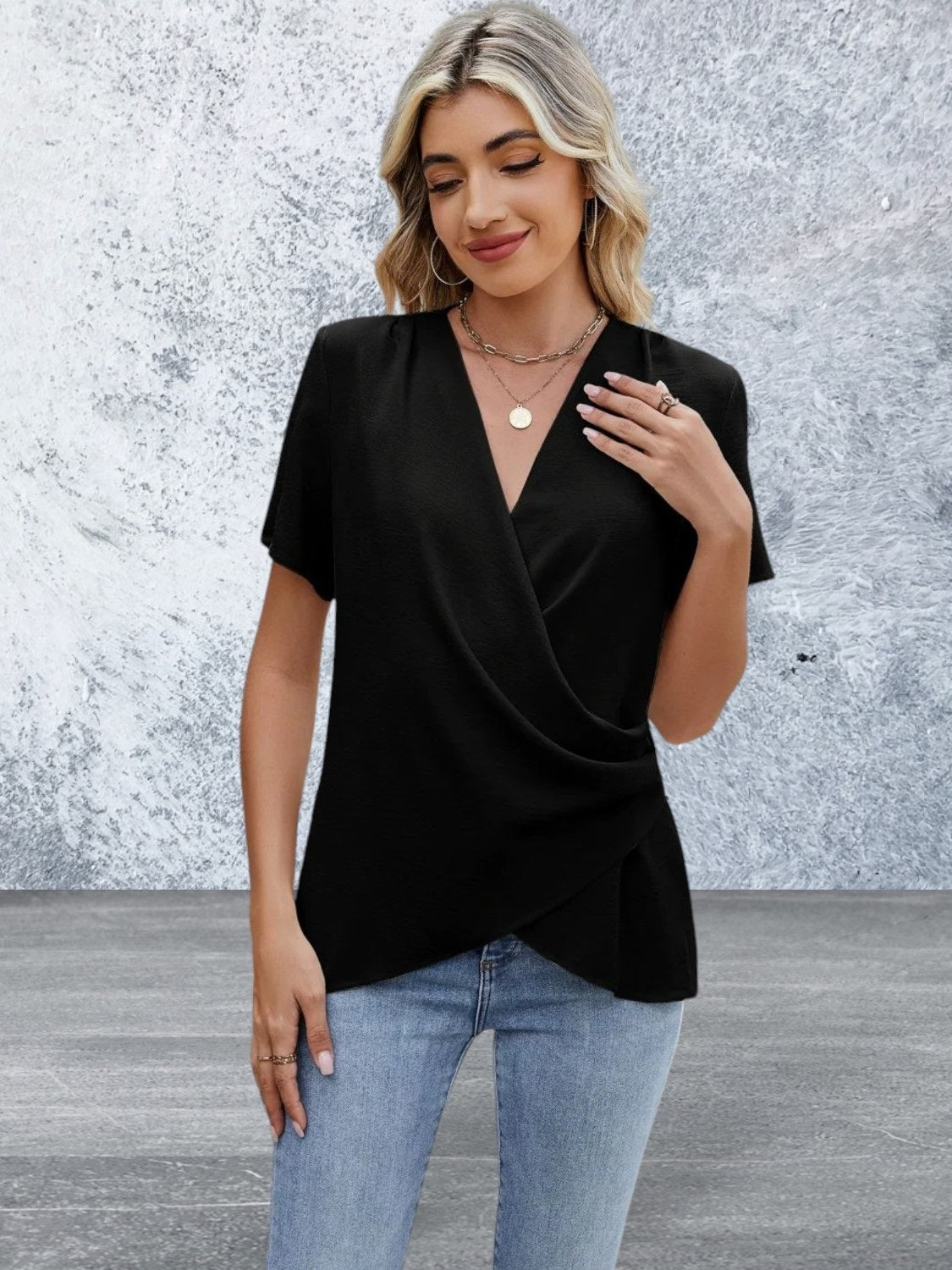 Short Sleeve Solid Color Surplice Blouse