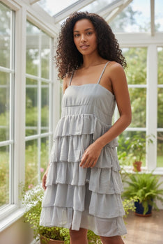 Grey spaghetti strap ruffle knee length dress