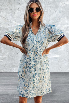 Short Sleeve Floral Print Striped Mini Dress