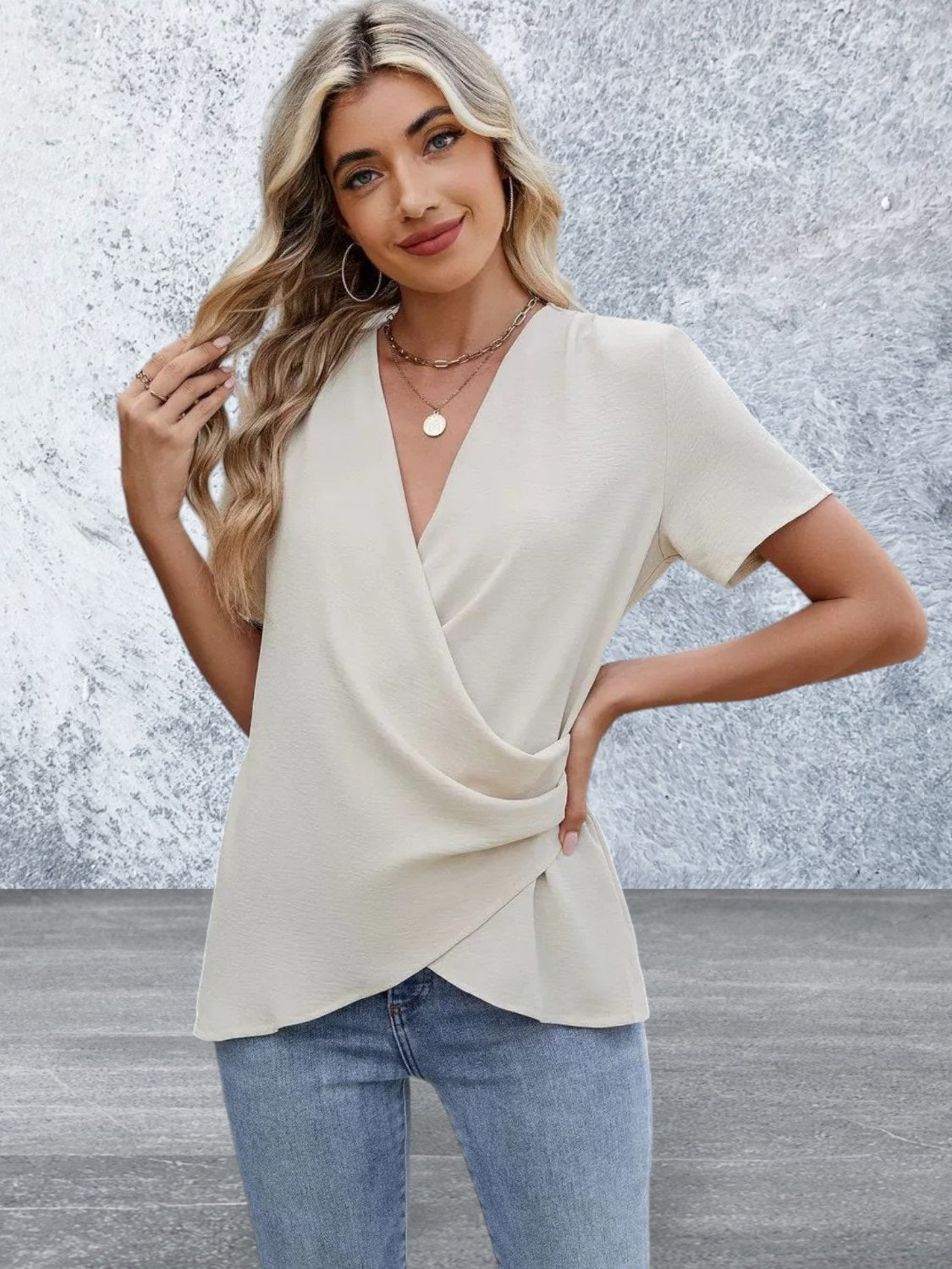 Short Sleeve Solid Color Surplice Blouse