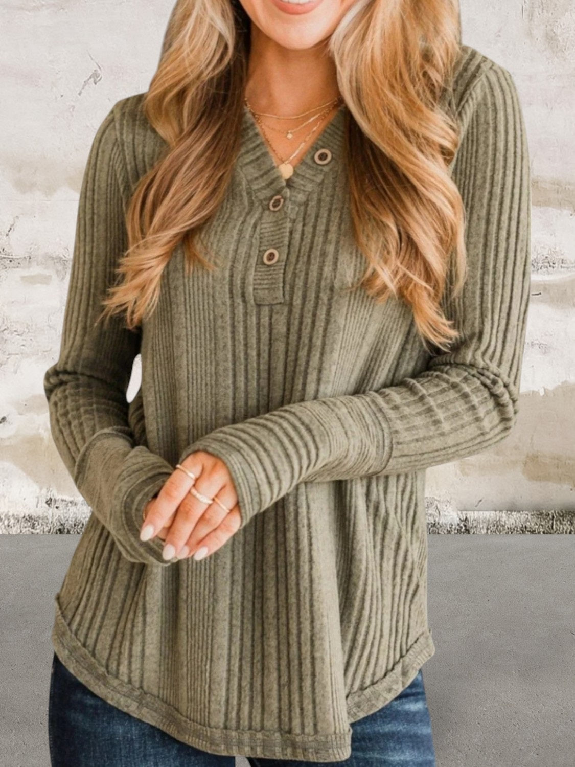 Ribbed Buttoned Long Sleeve Blouse
