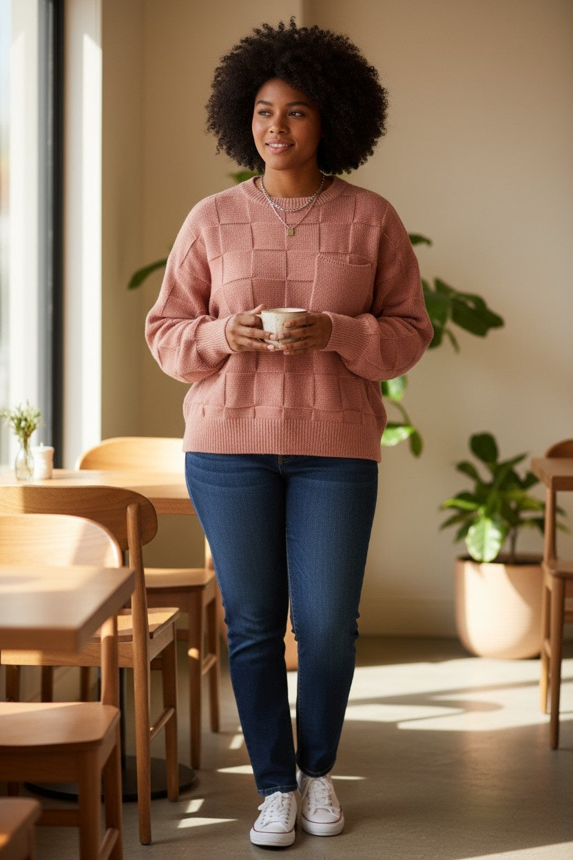 Plus Size Plaid Round Neck Sweater