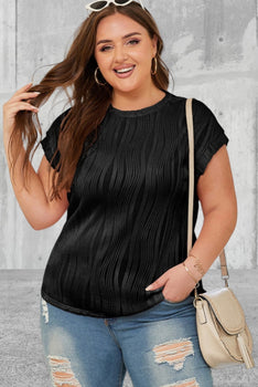 Plus Size Short Sleeve Solid Color Wavy Textured Top