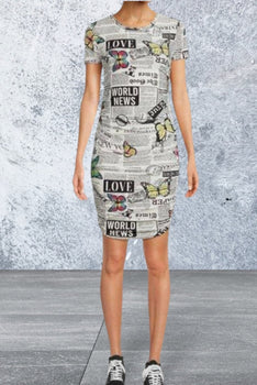 Short sleeve newspaper ruched dress