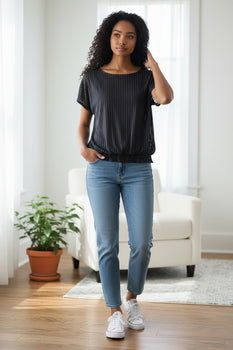 Shortsleeve Sheer Round Neck Lace Bottom Black Blouse