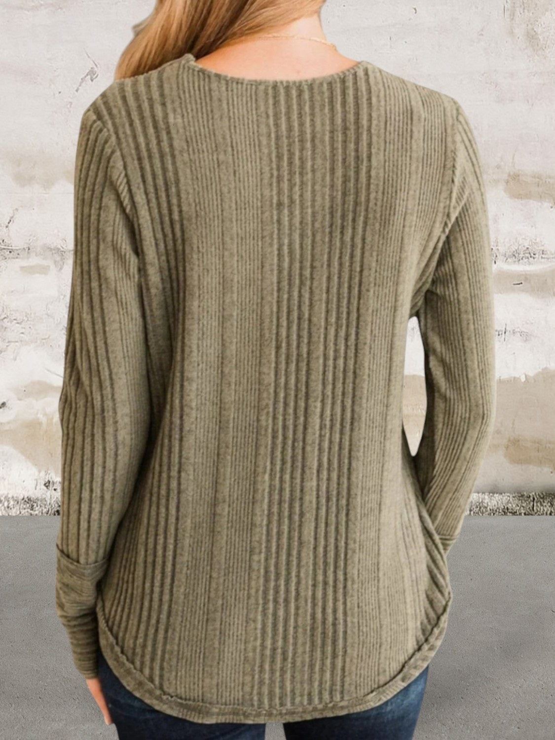 Ribbed Buttoned Long Sleeve Blouse